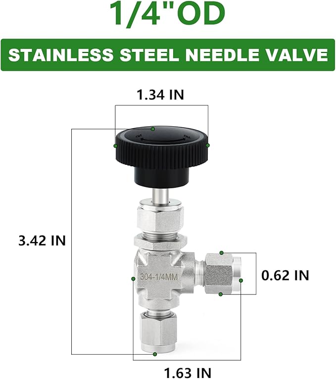 TAISHER 1PCS 304 Stainless Steel Compression Tube 90 Degree Needle Valve 1/4" Tube OD x 1/4" Tube OD For Flow Control Water Gas Oil
