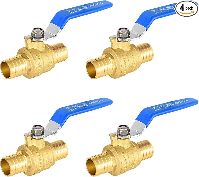 4 Pack Ball Valves, 1" Pex Crimp Shut Off Valve Blue, Brass Full Port Pex B Shut Off Ball Valve for Hot and Cold Water, NSF/ANSI 61 Certified