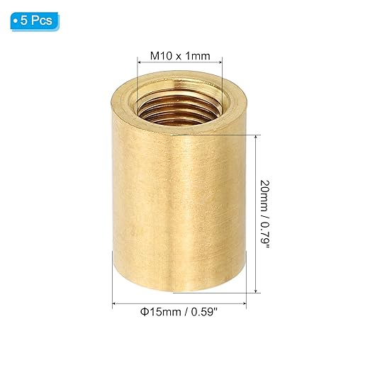 PATIKIL Lamp Pipe Brass Coupling Nut, 5 Pcs 20mm Long M10 Fine Round Thread Sleeve Lamp Pipe Adaptor Rod Connector Hardware for Light Fixture Assembly or Repair, 15mm OD.