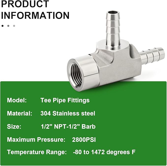 TAISHER 1PCS Forging of 304 Stainless Steel 3 Way Tee Hose Barb Fitting, 1/2" Hose Barb x 1/2" Hose Barb x 1/2" NPT Female for Fuel/Air/Lquid/Gas with 2PCS Hose Clamp