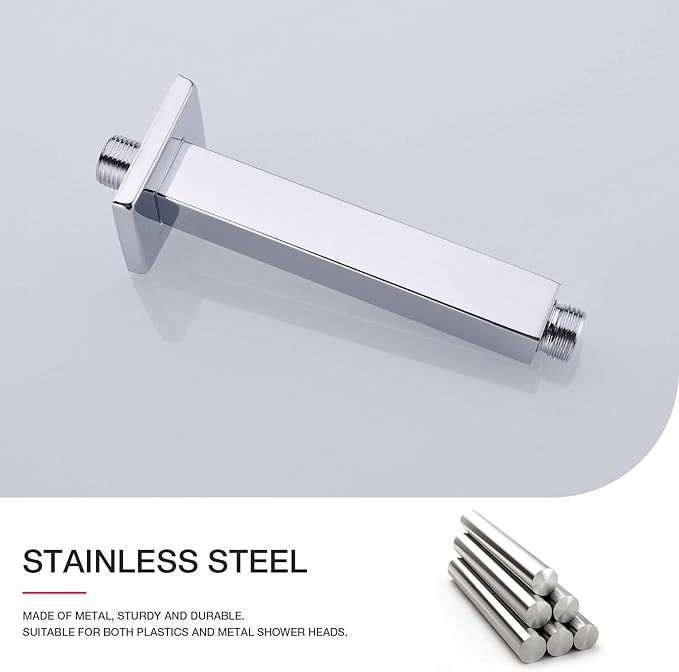 TRUSTMI Square Shower Arm with Flange 6 Inch Top Ceiling Mounted Extension for Rainfall Shower Head, Stainless Steel, NPT 1/2 to G 1/2, Chrome