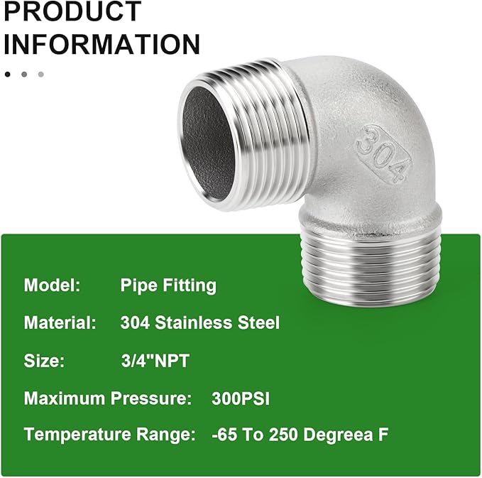 TAISHER 5PCS 304 Stainless Steel 90 Degree elbow,3/4" NPT Male × 3/4" NPT Male Thread Pipe Fitting
