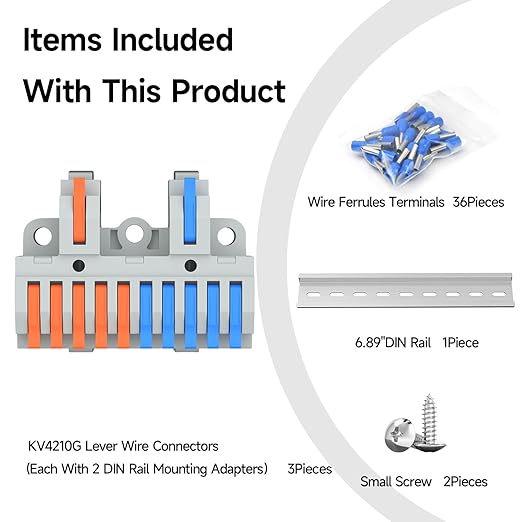 3Pcs Lever Wire Connectors, 2 in 10 Out, Push-in, 4-2.5 mm² Quick Wiring DIN Terminal Blocks, 36Pcs Wire Ferrules Terminals & 6.89 Inch DIN Rail Included