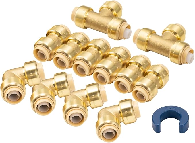 PEX Pipe Fitting 1/2 inch Set, Brass Push Fit Fitting 1/2 inch Set with 90 degree elbow, tee & coupling, push to connect for quick connection to PEX Tube Pack of 12