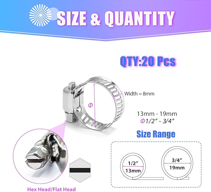 Hose Clamp- Duramedal 20 PCS Stainless Steel Hose Clamps Assortment Kit 1/2''–3/4'' stainless steel hose clamps for Fuel Line, Plumbing, Automotive, Mechanical Applications, Tube, Garden
