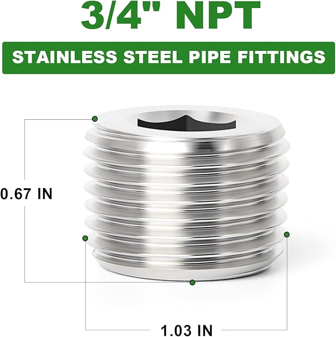 TAISHER 5PCS 304 Stainless Steel Internal Hex Thread Socket Pipe Plug Fitting 3/4" NPT Male