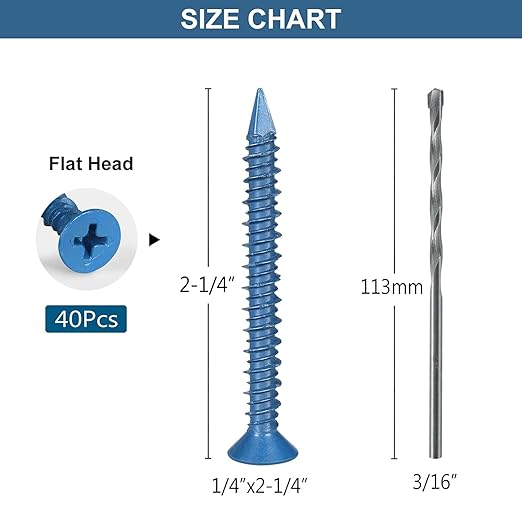 1/4 x 2-1/4 Inch 40Pcs Flat Head Concrete Screws, Screws Anchor with Drill Bit,for Masonry, Block, Brick, Cement,Stucco, No Pre Drilling, Diamond Point