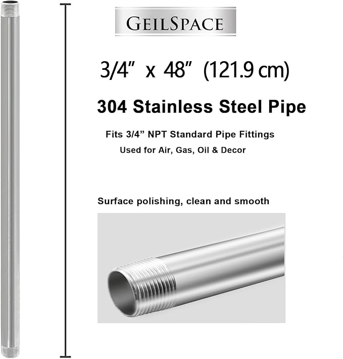 GeilSpace 3/4" x 48" Stainless Steel Pipe, 304 Pipe Nipple Fits Standard 3/4 Inch Threaded Pipes and Fittings, DIY Industrial Metal tube (2 PCS)