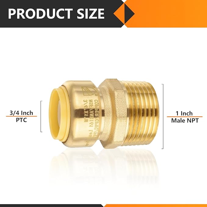5-Pack HeSun Pushfit Male Adapter, 1" MNPT x 3/4" Push to Connect Plumbing Fittings with Disconnect Clip, Brass Push-fit Fittings for PEX, Copper, CPVC, PE-RT Pipes(PF148-5)