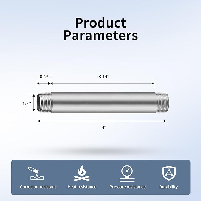 1/4"x4" 304 Stainless Steel Pipe, 1/4" NPT x 1/4" NPT Male Threaded Nipple, SCH40 Heavy Duty Pre-Cut Steel Pipe for Plumbing Gas, Hydraulic, and Industrial Applications(4",6 Piece)
