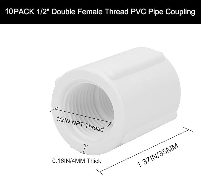 10Pack 1/2" Double Female Thread PVC Pipe Coupling Adapter Pipe Fitting Connector SCH40 1/2Inch F to F Threaded PVC Coupling Pipe Fitting for Sprinkler,Irrigation,Swimming Pools