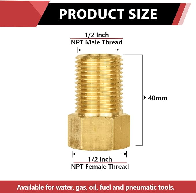 (Pack of 2) EFIELD 1/2" Male Pipe(NPSM) x 1/2" Female Pipe(NPSF) Extension Brass Fitting Adapter, 40MM LengthHex Connector with Sealing Tape (Length 40MM, 2),(NPT134)