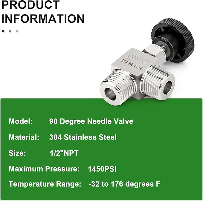 TAISHER 1PCS 304 Stainless Steel 90 Degree Needle Valve 1/2" NPT Male For Flow Control Water Gas Oil