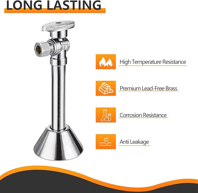 5-PCs HeSun Angle Stop Valve with 5-Inch Copper Sweat Tube Extension, 1/2" Sweat x 3/8" OD Compression Angle Stop, 1/4 Turn Shut Off Valve for Bathroom(VALVE145-5)