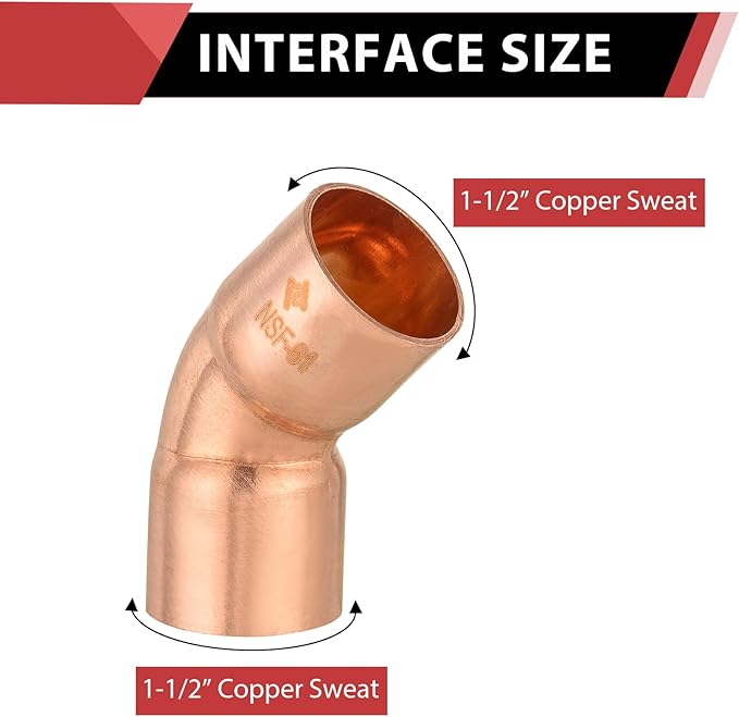 EFIELD 1-1/2" C X C Copper 45 Degree Elbow, LF Short Turn Copper Plumbing Fittings with Sweat Solder Connection,(COPPER073)