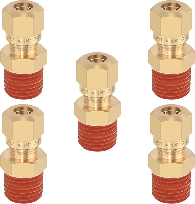 5PCS Air Brake Nylon Tubing Brass Union Straight Joint DOT Approved 1/4" Tube OD x 1/4" NPT Thread Air Line Adapter Air Suspension Kit for Truck Trailers and Air Brake System