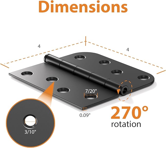 3 Pack Matte Black Door Hinges 4 Inch, Heavy Duty Exterior Hinges with Square & 5/8" Radius Corners, Quiet Removable Pin Design for Front & Back Residential Doors