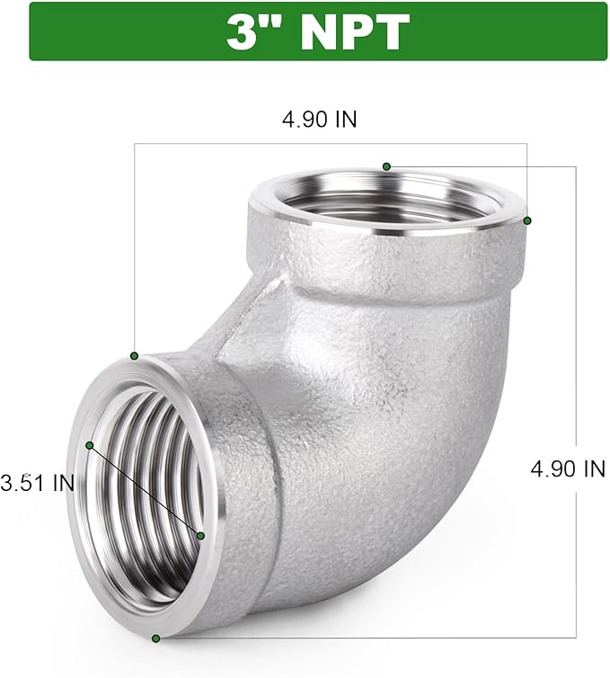 TAISHER 1PCS 304 Stainless Steel 90 Degree elbow,3" NPT Female Pipe to 3" NPT Female 304 Stainless Steel Pipe Fitting