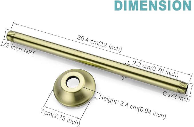 BESTILL 12 Inch Ceiling Mount Rain Shower Head Arm and Flange, Brushed Gold