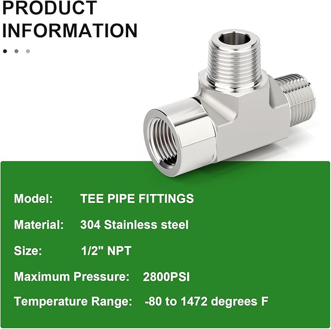 TAISHER 1PCS Forging of 304 Stainless Steel Tee Pipe Fittings, 1/2" NPT Female x 1/2" NPT Male x 1/2" NPT Male Pipe Fittings, Female Run Tee