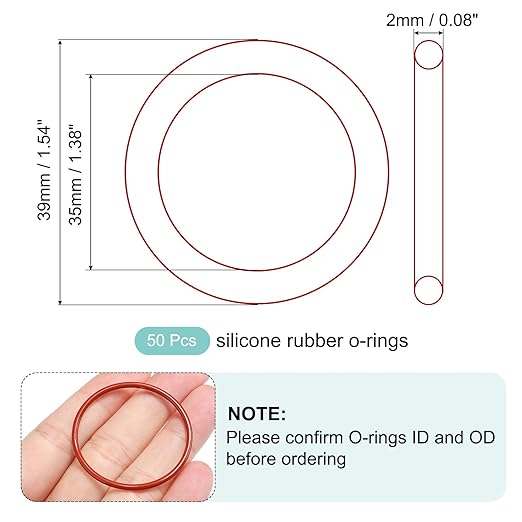 MECCANIXITY Silicone O-Ring 35mm ID 39mm OD 2mm Width Metric VMQ Sealing Gasket Replacement 50A Durometer for Plumbing Compressor Faucets Valves Repair (Red, Pack of 50)