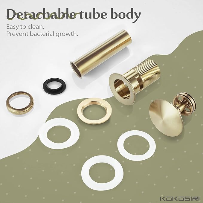 KOKOSIRI Bathroom Sink Drain with Detachable Hair Catcher, Brushed Gold Pop Up Sink Drain with Strainer Basket Anti Clogging for Vanity Vessel Sink with Overflow, C1001BG