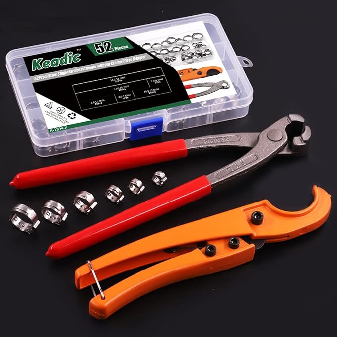 Keadic 52Pcs Ear Hose Clamp Crimping Tool and PEX Pipe Cutter for 1/8 inch-1 1/4 inch Tube with [6mm to 18.5mm] 304 Stainless Steel Clamps, PEX Cinch Fastening Tool for Automotive Marine Motorcycl