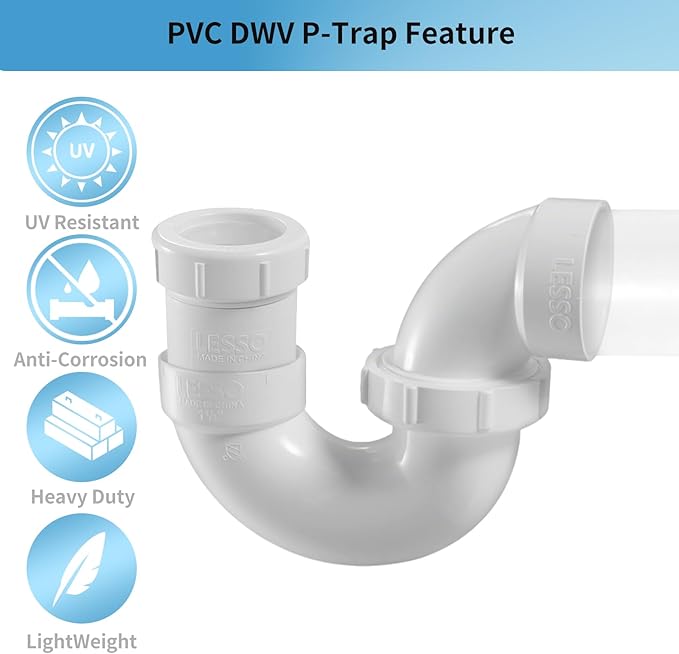 LESSO PVC P Trap 1 1/2 Inch, DWV PVC Fitting for RV Drain Bathroom Kitchen Sink Drain Pipe Tubular Kit with White Threaded Adapter Ring