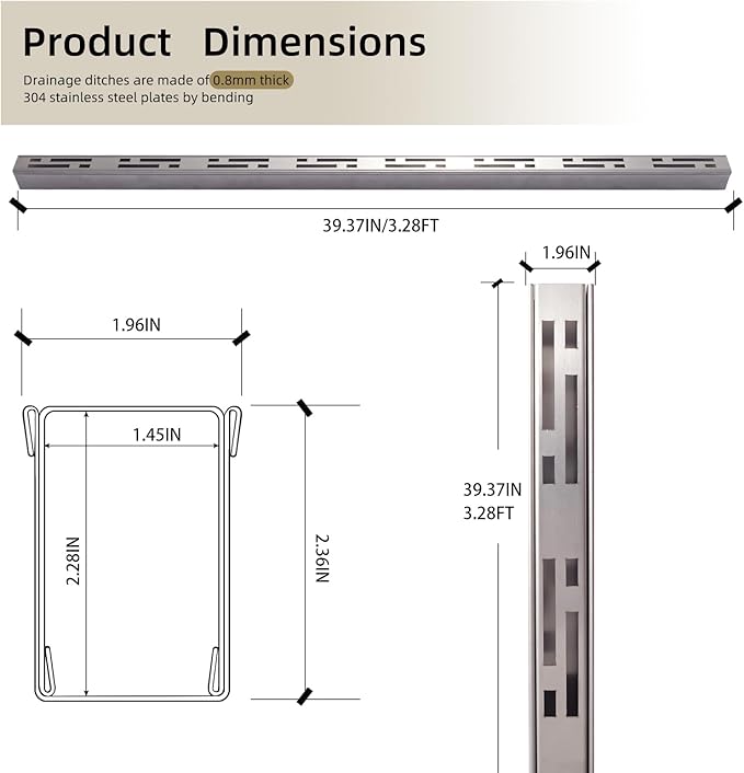 Pool Deck Drain Channel, 2" W x 3.3' L, 304 Stainless Steel Channel Drain Outdoor, Deck Drainage System with Coupling, Trench Drain System for Pool Decks, Patios,Walkways, Courtyards, Paver.