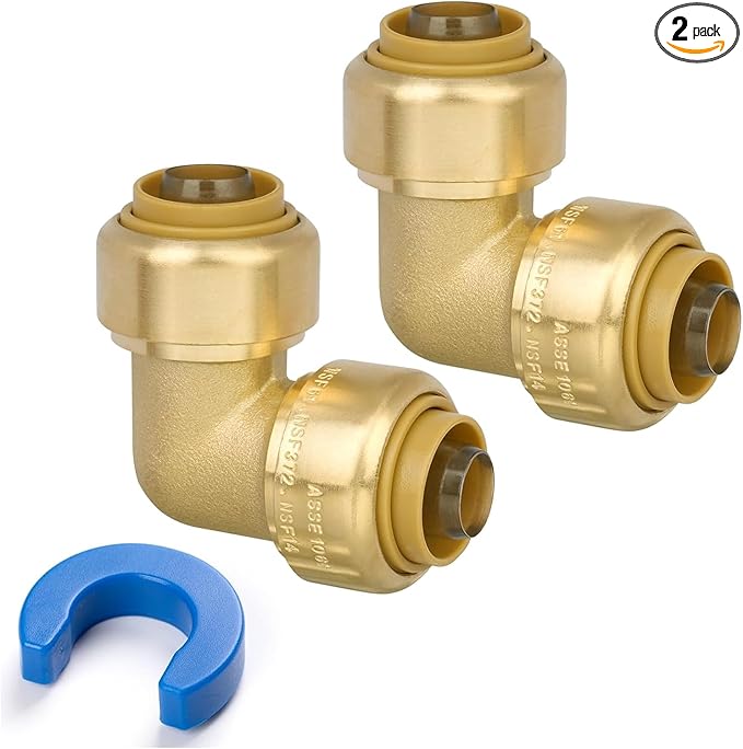 1/2" 90 Degree Elbow Pushfit, Push to Connect Brass Plumbing Fitting for Copper, CPVC, PEX Pipe, Brass Pex Fitting with Upgraded Stiffener, Disconnect Clip Included, NSF & UPC Certified, 2 Pack