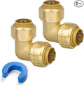 1/2" 90 Degree Elbow Pushfit, Push to Connect Brass Plumbing Fitting for Copper, CPVC, PEX Pipe, Brass Pex Fitting with Upgraded Stiffener, Disconnect Clip Included, NSF & UPC Certified, 2 Pack