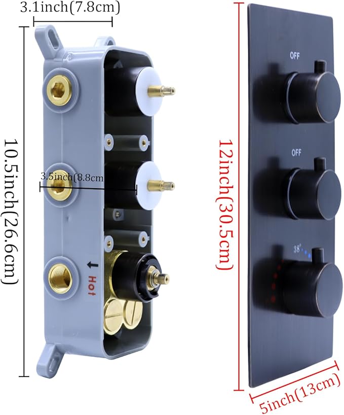 2 Function Shower Thermostatic Valve 3 Round Knob Valve Body Can Control Water Volume and Work at the Same Time Concealed Brass Bathroom Replacement Valve(Oil-Rubbed Bronze, 2-Way)