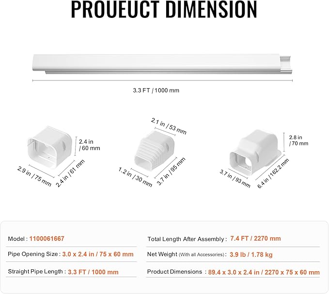 VEVOR Mini Split Line Set Cover 3-inch W 7.4Ft L, PVC Decorative Pipe Line Cover for Air Conditioner with 2 Straight Ducts & Full Components Easy to Install, Paintable for Heat Pumps, White