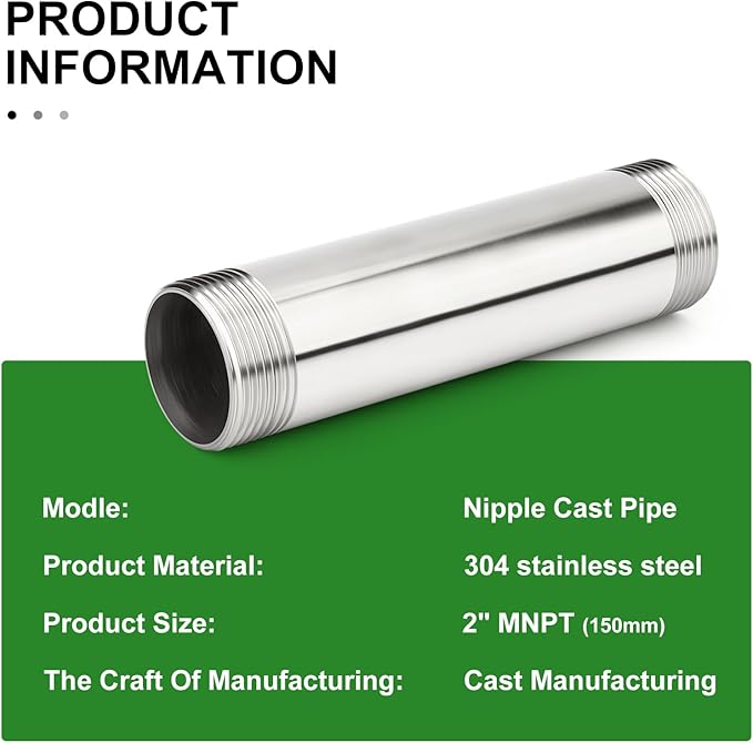 TAISHER 2PCS Stainless Steel Pipe Fittings, 2" NPT Male x 2" NPT Male Threaded, 6" Length Nipple Cast Pipe