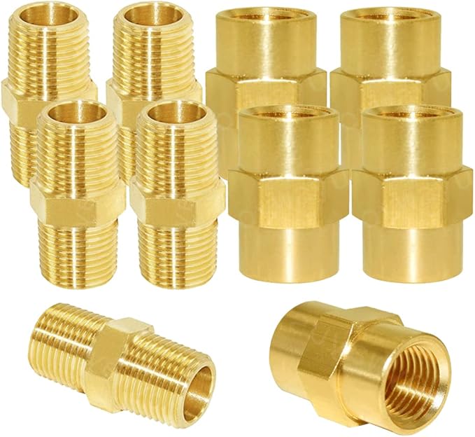 Joywayus Brass Pipe Fitting Hex Nipple Equal 5Pcs 1/4"NPT Male + 5Pcs 1/4"NPT Female Air Fuel Water (Pack of 10)