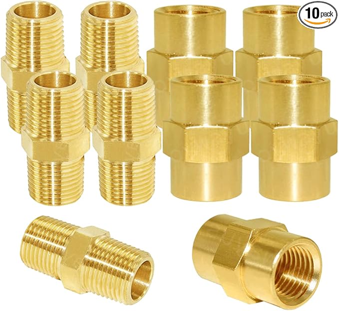 Joywayus Brass Pipe Fitting Hex Nipple Equal 5Pcs 1/2"NPT Male + 5Pcs 1/2"NPT Female Air Fuel Water (Pack of 10)