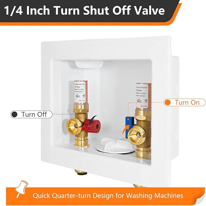 1-Pack HeSun Washing Machine Outlet Box, 1/2 Inch Push-Fit Inlet x 3/4 Inch MHT Outlet, Push to Connect Pex Washer Box with Center Drain,with Copper Water Hammer Arrestor(WM015)