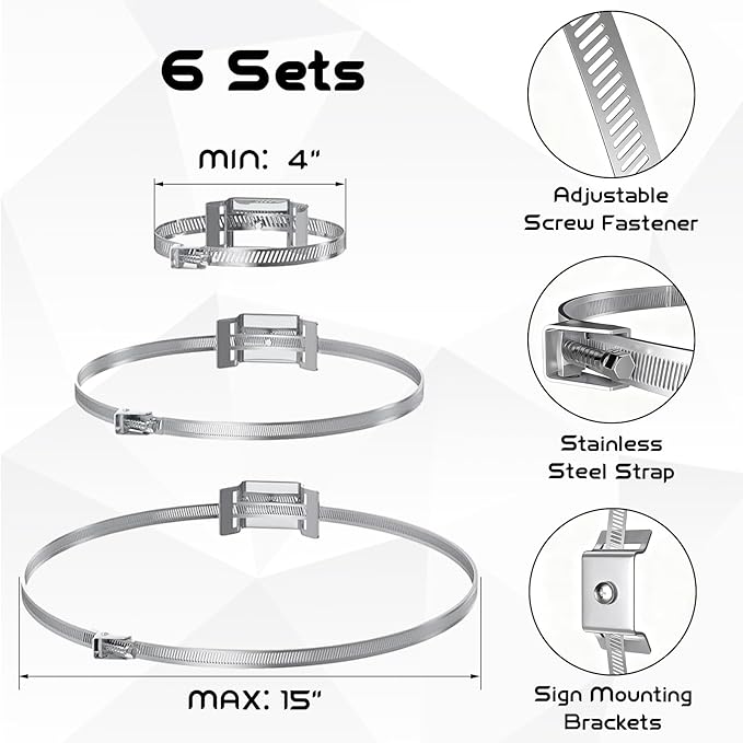 Acrux7 6 Pack Sign Mounting Brackets for Larger Poles, 4" to 15" Adjustable Street Sign Hardware Pole Mounting Brackets Pole Clamp Kit for Water Heater Expansion Tank, Security Camera, Solar Light