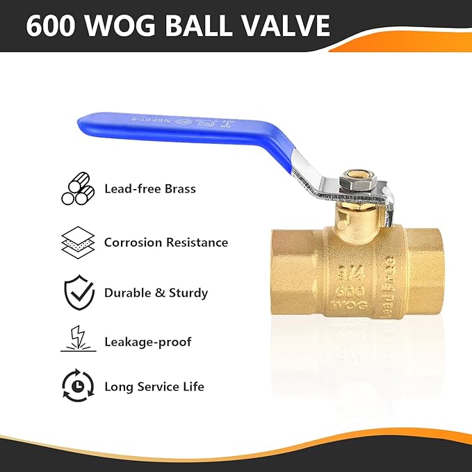 10-Pack HeSun 3/4 Inch FIP Threaded Ball Valve, Brass Full Port Shut-off Valve,3/4" Female NPT x 3/4" Female NPT, 600 WOG (Water, Oil and Gas),Blue(VALVE270)