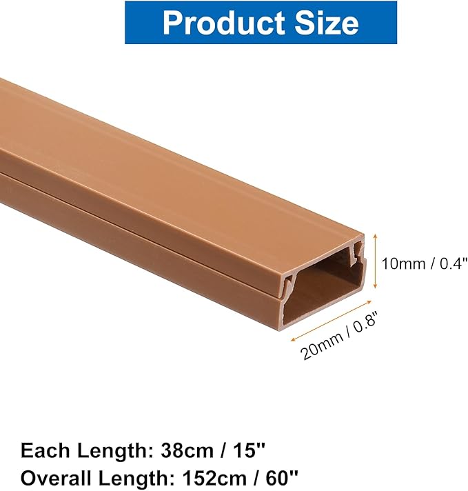 HARFINGTON 4pcs Cord Hider Wall 15inx0.8inx0.4in (LxWxH) PVC Cable Cover Self Adhesive Wire Hider Wall Mounted TV Cable Raceway for Cables Management (60in Total Length),Brown