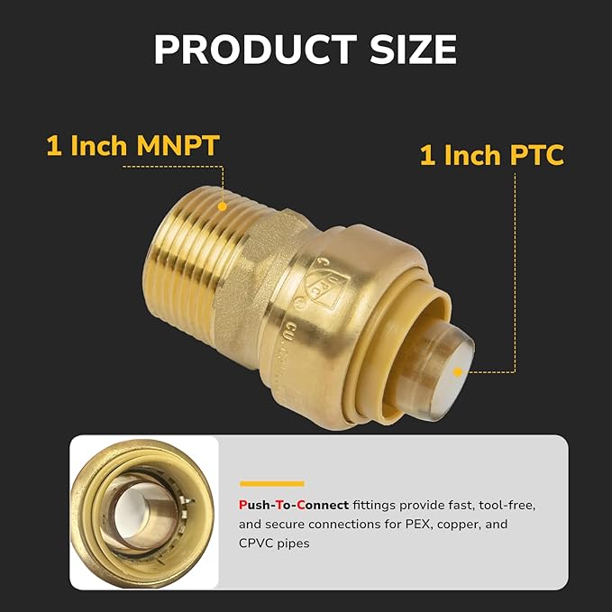 1" PTC to 1" NPT Male Adapter Push-Fit, Push to Connect Brass Plumbing Fitting for Copper, CPVC, PEX Pipes, With Upgraded Stiffener, Disconnect Clip Included, NSF & UPC Certified