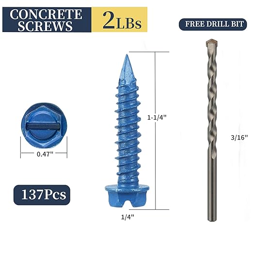 137Pcs 1/4 x 1-1/4 in Concrete Screws with Drill bits,Masonry Screws for Concrete Assortment Kit,Hex Head Block Cement Stacoo Screws and Anchors,Diamond Point,Blue Coated(2LB)