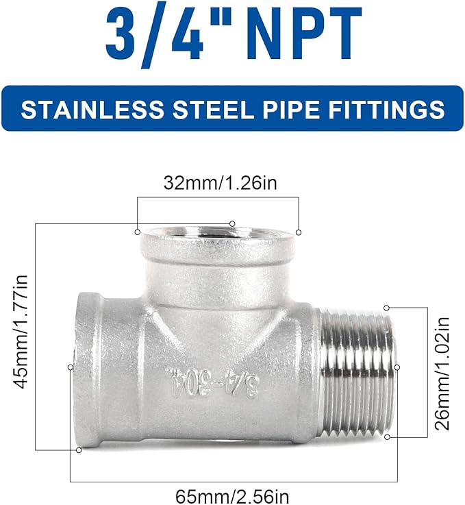 Kodilin Pipe Fittings 304 Stainless Steel Tee Pipe Fittings, Male Run Tee 3/4" NPT Female x 3/4" NPT Female x 3/4" NPT Male Thread Adapter - 4PCS