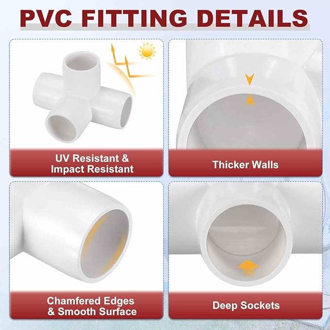 8Pcs 3/4" Elbow PVC Fitting, SCH40 4-Way Tee Furniture Grade PVC Pipe Fitting, DIY Corner Elbow Connector for Building Furniture, Greenhouse Frame Connection, Socket x Socket