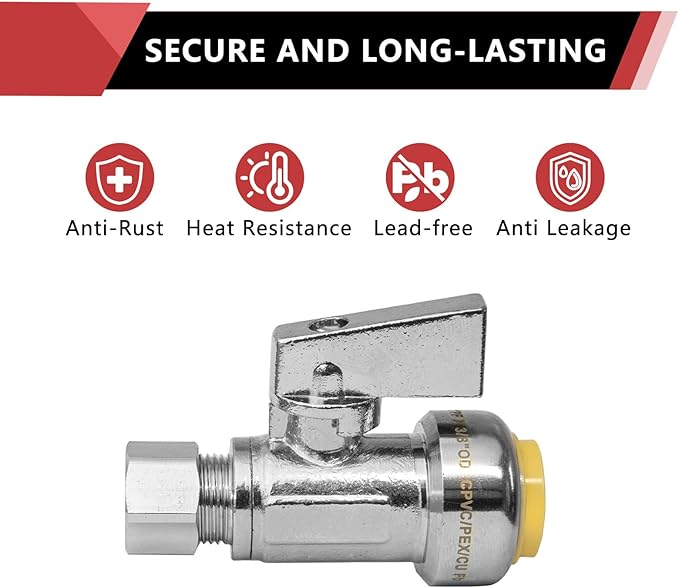 2 Pieces EFIELD Push Fit 1/4 Turn Straight Stop Valve Water Shut Off 1/2 Push x 3/8 Inch Compression With Disconnect Clip, Chrome Plated,(PF-UNI001)