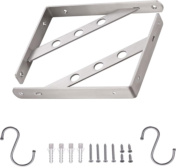 YUMORE Stainless Steel Shelf Bracket 10", Heavy Duty Solid Shelf Support Corner Brace Joint Right Angle Bracket, L Bracket with 2 S Hook, 2 Pack
