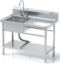 Free Standing Stainless-Steel Single Bowl, Commercial Restaurant Kitchen Sink with Set w/Faucet & Drainboard Hot and Cold Water Plumbing Workbench & Storage for Garage, Restaurant, Laundry