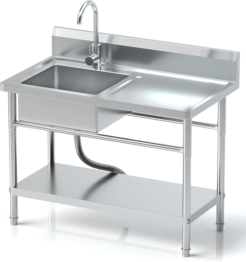 Free Standing Stainless-Steel Single Bowl, Commercial Restaurant Kitchen Sink with Set w/Faucet & Drainboard Hot and Cold Water Plumbing Workbench & Storage for Garage, Restaurant, Laundry