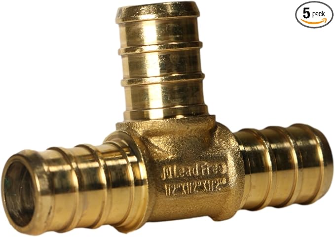 XFITTING 5 Pack 1/2" Pex B Tee, Brass, 0.5" Size, Tee Connector