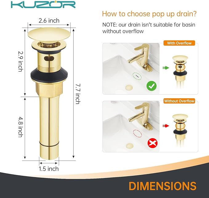 2-Pack Pop Up Bathroom Sink Drain with Overflow - Fits 1-5/8" to 2" Holes, Glod 304 Stainless Steel for Vanity/Vessel Sink